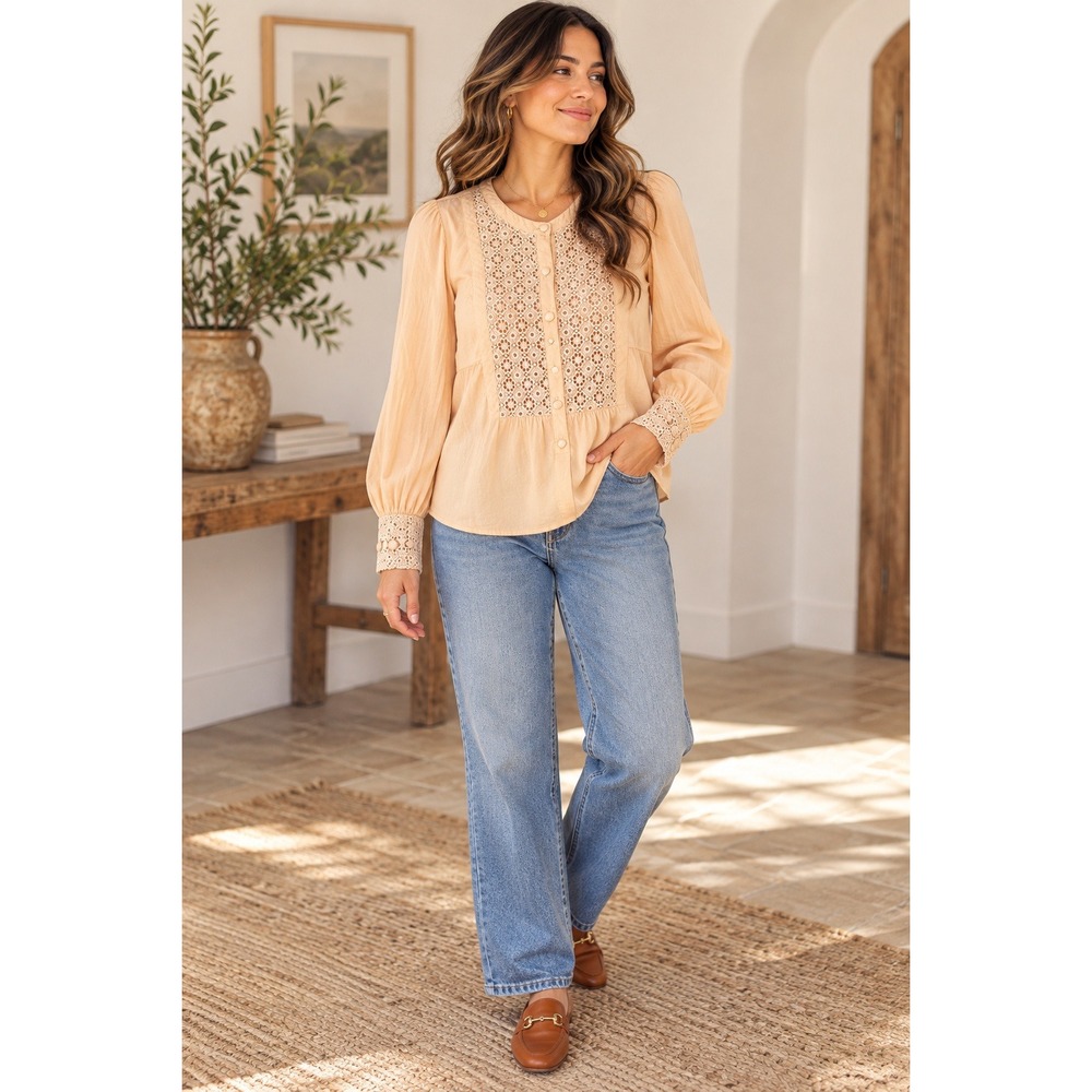 Old Navy Peach Eyelet Lace Bib Long Sleeve Blouse Small Boho Romantic Top